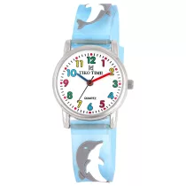  Tiko Time karóra gyerekeknek, ezüst színű fémtok, quartz szerkezet, fehér arab színű számlap, 3D figurás kékes áttetsző műanyag szíj, cseppmentes vízállóság (delfines)