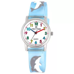   Tiko Time karóra gyerekeknek, ezüst színű fémtok, quartz szerkezet, fehér arab színű számlap, 3D figurás kékes áttetsző műanyag szíj, cseppmentes vízállóság (delfines)