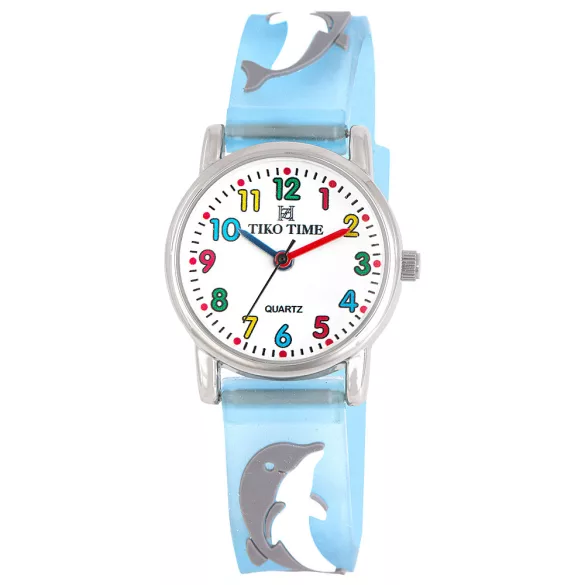 Tiko Time karóra gyerekeknek, ezüst színű fémtok, quartz szerkezet, fehér arab színű számlap, 3D figurás kékes áttetsző műanyag szíj, cseppmentes vízállóság (delfines)