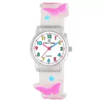   Tiko Time karóra gyerekeknek, ezüst színű fémtok, quartz szerkezet, fehér arab színű számlap, 3D figurás áttetsző csillámos műanyag szíj, cseppmentes vízállóság (lepkés)