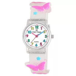   Tiko Time karóra gyerekeknek, ezüst színű fémtok, quartz szerkezet, fehér arab színű számlap, 3D figurás áttetsző csillámos műanyag szíj, cseppmentes vízállóság (lepkés)