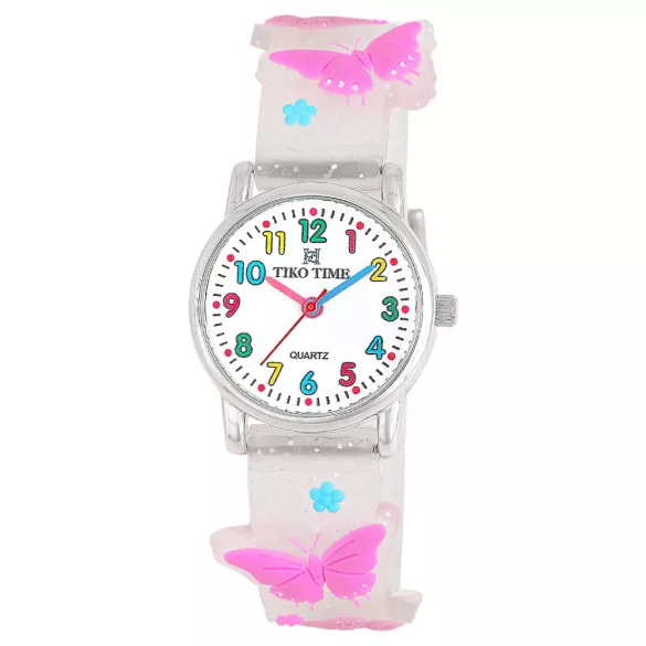 Tiko Time karóra gyerekeknek, ezüst színű fémtok, quartz szerkezet, fehér arab színű számlap, 3D figurás áttetsző csillámos műanyag szíj, cseppmentes vízállóság (lepkés)