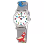   Tiko Time karóra gyerekeknek, ezüst színű fémtok, quartz szerkezet, fehér arab színű számlap, 3D figurás szürke színű műanyag szíj, cseppmentes vízállóság (dínós)