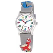   Tiko Time karóra gyerekeknek, ezüst színű fémtok, quartz szerkezet, fehér arab színű számlap, 3D figurás szürke színű műanyag szíj, cseppmentes vízállóság (dínós)