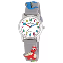   Tiko Time karóra gyerekeknek, ezüst színű fémtok, quartz szerkezet, fehér arab színű számlap, 3D figurás szürke színű műanyag szíj, cseppmentes vízállóság (dínós)