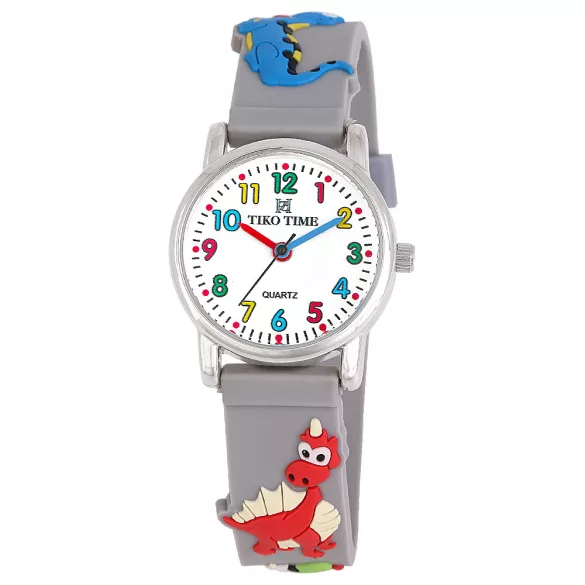 Tiko Time karóra gyerekeknek, ezüst színű fémtok, quartz szerkezet, fehér arab színű számlap, 3D figurás szürke színű műanyag szíj, cseppmentes vízállóság (dínós)