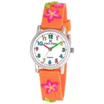   Tiko Time karóra gyerekeknek, ezüst színű fémtok, quartz szerkezet, fehér arab színű számlap, 3D figurás narancssárga színű műanyag szíj, cseppmentes vízállóság (virágos)