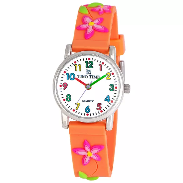 Tiko Time karóra gyerekeknek, ezüst színű fémtok, quartz szerkezet, fehér arab színű számlap, 3D figurás narancssárga színű műanyag szíj, cseppmentes vízállóság (virágos)