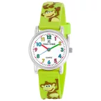   Tiko Time karóra gyerekeknek, ezüst színű fémtok, quartz szerkezet, fehér arab színű számlap, 3D figurás világoszöld színű műanyag szíj, cseppmentes vízállóság (majmos)