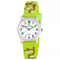   Tiko Time karóra gyerekeknek, ezüst színű fémtok, quartz szerkezet, fehér arab színű számlap, 3D figurás világoszöld színű műanyag szíj, cseppmentes vízállóság (majmos)