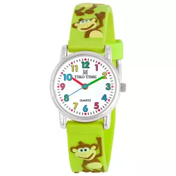   Tiko Time karóra gyerekeknek, ezüst színű fémtok, quartz szerkezet, fehér arab színű számlap, 3D figurás világoszöld színű műanyag szíj, cseppmentes vízállóság (majmos)