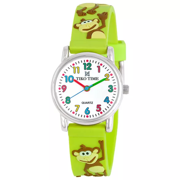 Tiko Time karóra gyerekeknek, ezüst színű fémtok, quartz szerkezet, fehér arab színű számlap, 3D figurás világoszöld színű műanyag szíj, cseppmentes vízállóság (majmos)