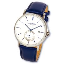   ASTRON 8002-7 elegáns férfi karóra, ezüst színű nemesacél tok, kék bőrszíj, fehér számlap, zafírüveg, quartz szerkezet, cseppmentes vízállóság