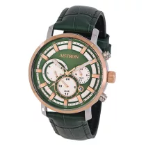   ASTRON 8011-5 sportos férfi karóra, ezüst és rózsaarany színű nemesacél tok, zöld színű bőrszíj, zöld számlap, keményített ásványüveg, multifunkciós quartz szerkezet, 50 m (5 ATM) vízállóság