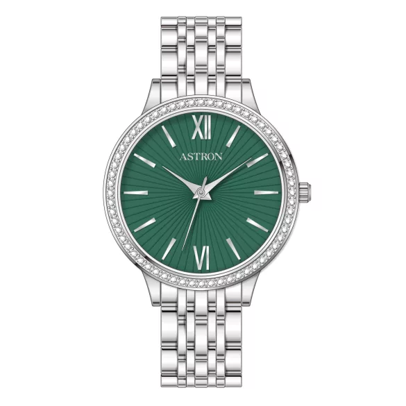 ASTRON 8064-3 női karóra, ékszeróra, ezüst színű nemesacél tok, ezüst színű nemesacél csat, zöld számlap, keményített ásványüveg, quartz szerkezet, WR 50M vízállóság