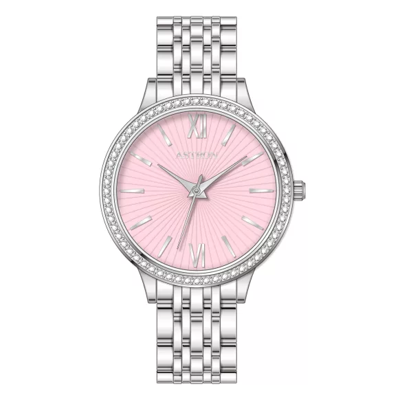 ASTRON 8064-6 női karóra, ékszeróra, ezüst színű nemesacél tok, ezüst színű nemesacél csat, rózsaszín számlap, keményített ásványüveg, quartz szerkezet, WR 50M vízállóság