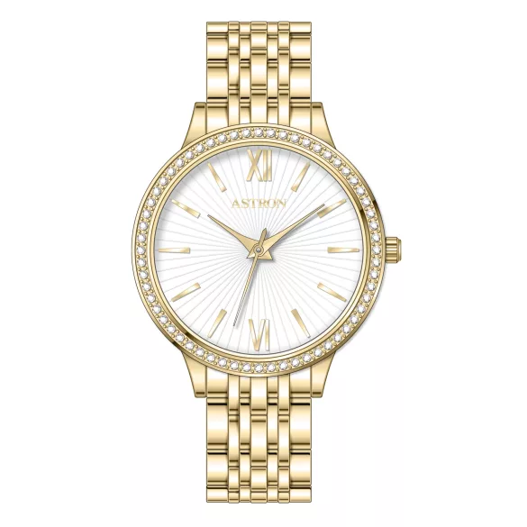 ASTRON 8064-9 női karóra, ékszeróra, arany színű nemesacél tok, arany színű nemesacél csat, fehér számlap, keményített ásványüveg, quartz szerkezet, WR 50M vízállóság