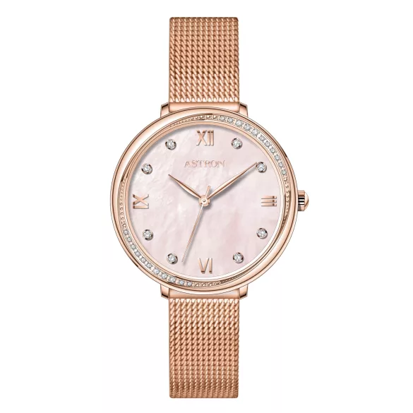 ASTRON 8065-0 női karóra, rózsa arany színű nemesacél tok, rózsa arany színű milánói csat, rózsa arany számlap, keményített ásványüveg, quartz szerkezet, WR 50M vízállóság