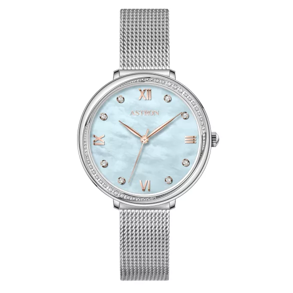 ASTRON 8065-2 női karóra, ezüst színű nemesacél tok, ezüst színű milánói csat, kék számlap, keményített ásványüveg, quartz szerkezet, WR 50M vízállóság