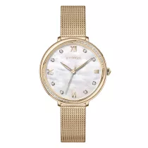   ASTRON 8065-9 női karóra, arany színű nemesacél tok, arany színű milánói csat, fehér számlap, keményített ásványüveg, quartz szerkezet, WR 50M vízállóság