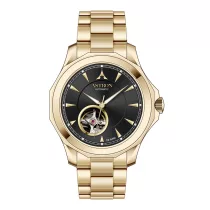   ASTRON 8066-0 automata férfi karóra, arany színű nemesacél tok, arany színű nemesacél csat, fekete számlap, zafír üveg, mechanikus automata szerkezet, WR100M vízállóság