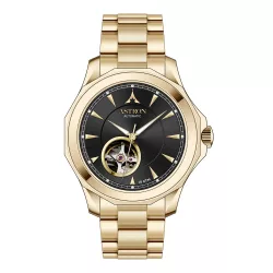   ASTRON 8066-0 automata férfi karóra, arany színű nemesacél tok, arany színű nemesacél csat, fekete számlap, zafír üveg, mechanikus automata szerkezet, WR100M vízállóság