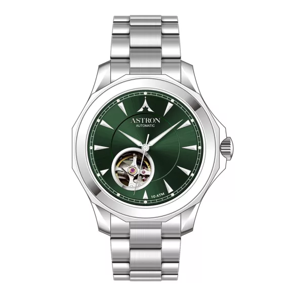 ASTRON 8066-3 automata férfi karóra, ezüst színű nemesacél tok, ezüst színű nemesacél csat, zöld számlap, zafír üveg, mechanikus automata szerkezet, WR100M vízállóság