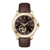   ASTRON 8066-6 automata férfi karóra, arany színű nemesacél tok, sötét barna valódi bőrszíj, sötét barna számlap, zafír üveg, mechanikus automata szerkezet, WR100M vízállóság