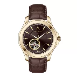   ASTRON 8066-6 automata férfi karóra, arany színű nemesacél tok, sötét barna valódi bőrszíj, sötét barna számlap, zafír üveg, mechanikus automata szerkezet, WR100M vízállóság