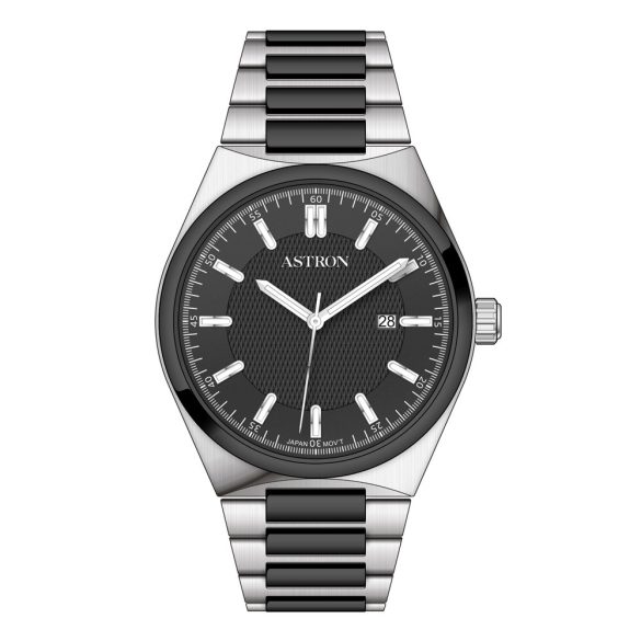 ASTRON 8067-1 quartz férfi karóra,bicolor (fekete és ezüst színű) nemesacél tok, bicolor (fekete és ezüst színű) nemesacél csat, fekete számlap, WR50M vízállóság