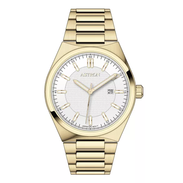 ASTRON 8067-9 quartz férfi karóra, arany színű nemesacél tok, arany színű nemesacél csat, fehér számlap, WR50M vízállóság